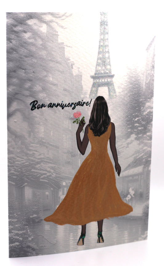 The Eifel Tower, birthday greeting, rose and the high heels on this card have sparkle accents, added by hand. The dress is also hand-painted in shimmery gold.